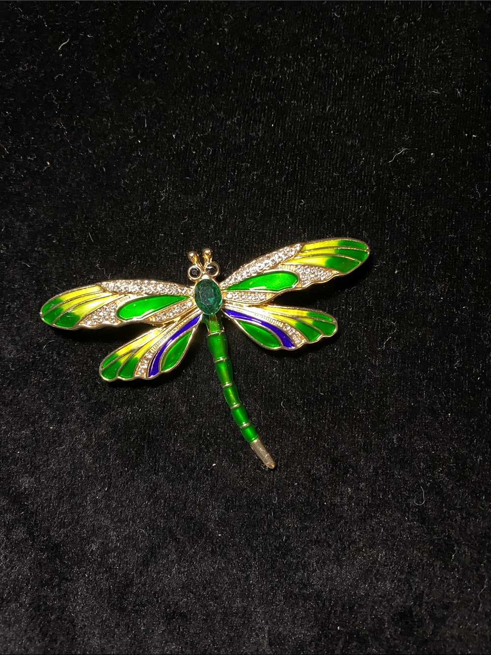 Vintage style Dragonfly Brooch Green Gold Blue Enamel Clear Rhinestone Scarf Pin